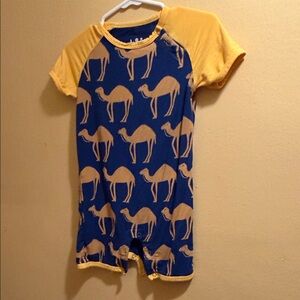 Kickee Pants Navy Romper with Mustard Trim and Polka Dot Logo